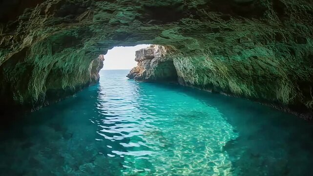 Underwater cave with turquoise water and sunlight streaming through rocky opening