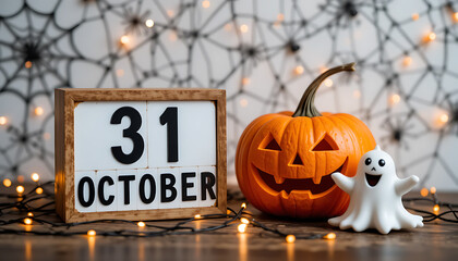 Halloween pumpkin ghost and calendar showing October 31