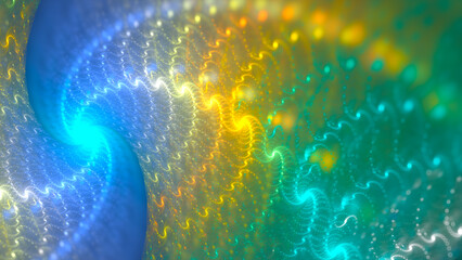 Abstract fractal background. Spiral of dots, lights or bokeh sparkles in wavy lines, making S shapes. Celebration or spirituality concept.