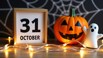 Halloween still life with pumpkin ghost and October 31 calendar