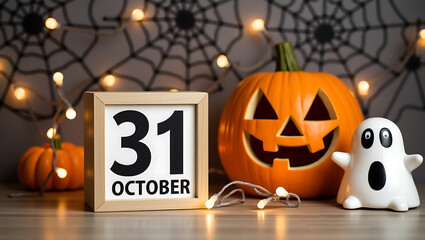 Halloween still life with jack o lantern ghost and calendar