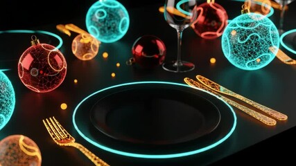 A beautifully arranged futuristic dining table featuring glowing plates cutlery and decorative orbs set against a dark backdrop creating an inviting atmosphere for a special event
