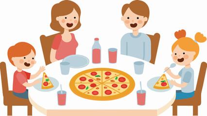 Family is sitting around a table eating pizza with drinks and plates in a cartoon illustration