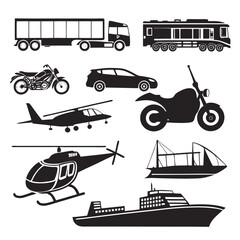 Diverse silhouette collection showcasing various modes of transportation ideal for conceptual design and infographic projects