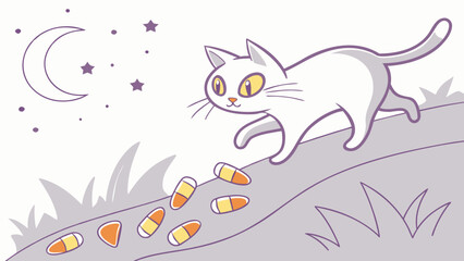 White cat walking on a hill with candy corn under a moon and stars in a halloween night scene drawing