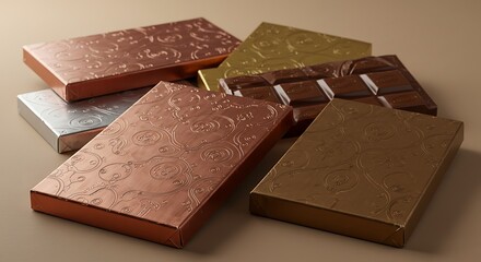 An indulgent assortment of gourmet dark chocolate bars in luxurious, elegant packaging with patterned metallic foil.