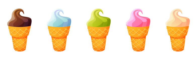 Five ice cream cones of different flavors and colors: vanilla, chocolate, strawberry, and pistachio. A summer dessert. The image is a vector illustration on a white background.