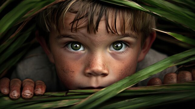 A young boy with bright green eyes peers through tall grass, creating a curious and adventurous atmosphere - Powered by Adobe
