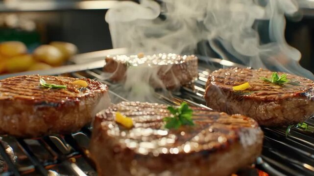 Juicy steak grilling barbecue with garlic smoke and glowing flame, tender meat sizzling over hot grill for flavorful barbecue meal