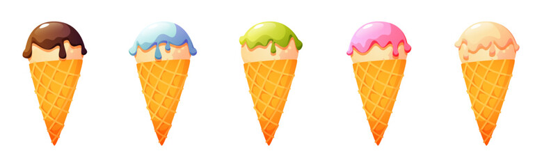Five cones with a ball of ice cream with frosting, different flavors and colors: vanilla, chocolate, strawberry, and pistachio. Summer dessert. Image on a white background, vector illustration.