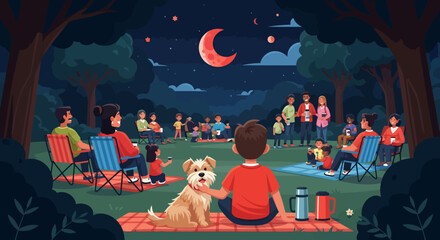 Evening Picnic Scene with Families, Dog, and Crescent Moon in Park.
