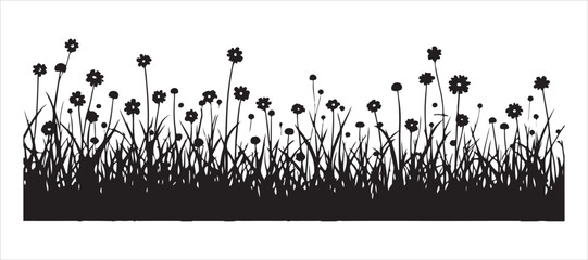 A silhouette of wildflowers and grass. This is a vector illustration, hand-drawn in black, featuring flowers from spring or summer. It shows the shadow of herbs and plants.