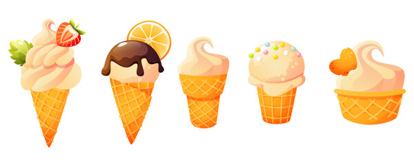 A set of five types of ice cream, in cones and cups, with chocolate glaze, with sprinkles, an orange slice and strawberries. Suitable for advertising a cafe, pastry shop or menu