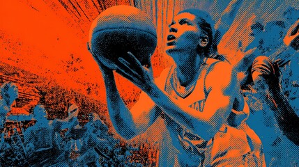 Dynamic mixed-gender basketball game motion blur cooperation focus, comic halftone dots blue orange limited palette, team sport energy.