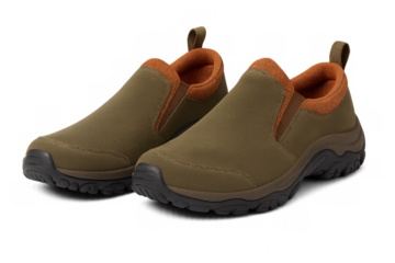 Comfortable slip-on hiking shoes with rugged soles and orange lining, ideal for outdoor adventures. Transparent background enhances focus