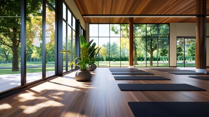 Obraz premium A serene yoga studio featuring wooden floors and large windows, allowing natural light to illuminate the space filled with greenery.