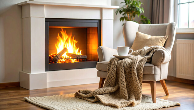 Cozy fireplace corner with armchair, wool throw blanket, coffee cup, and warm ambient light
