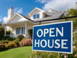 A blue open house sign hanging from a black wire