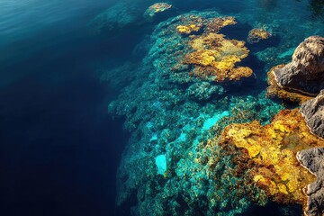 Underwater rocky shoreline with vibrant colors