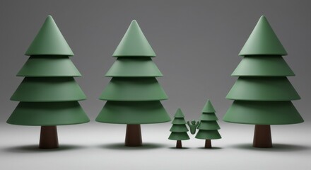 Fototapeta premium A group of five stylized, cartoon-like evergreen trees of varying sizes, arranged against a neutral gray background.