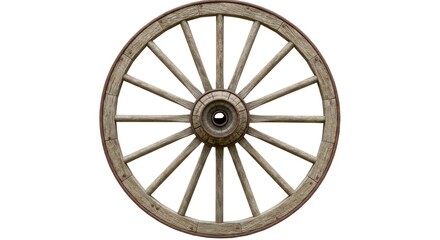 Isolated image showcases an old wooden wagon wheel. Detailed construction with spokes and a central hub, weathered appearance. Rim and other components