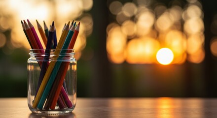 Obraz premium Colorful Pencils in Glass Jar with Sunset Bokeh Background – Artistic Education and Creativity Concept 