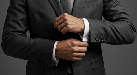 A close-up of a well-dressed person in a gray suit adjusting their cufflink, demonstrating professional attire against a gray background