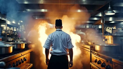 Professional Chef Facing Fire in Commercial Kitchen