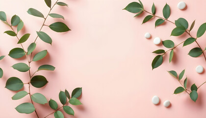 Flat lay of eucalyptus leaves and small white stones arranged in a minimalist zen composition on a soft pastel background. Natural lighting, no people, no text&mdash;perfect for wellness, spa, and aesthetic