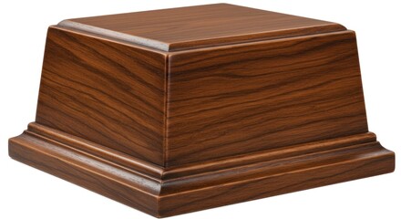A square, tiered pedestal with a wood-grain finish. The top is a flat, raised surface for display. The sides angle down