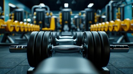 Fototapeta premium A close-up view of dumbbells in a modern gym, with a vibrant blue and yellow color scheme, conveying a motivating and energetic workout atmosphere.