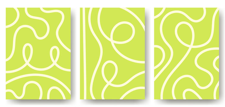 Set of backgrounds with abstract white lines on green background. Pattern in the form of waves, curls. Smooth graphic elements, modern objects from vector abstract lines. Striped background.