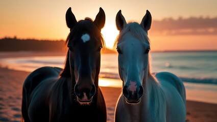 Majestic Black and White Horses Silhouetted Against a Golden Sunset Beach