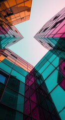 Fototapeta premium Colorful Reflections on Modern Glass Architecture – Abstract Urban Geometry 