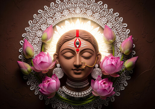 Durga puja goddess durga face made of clay and lotus flowers decorations