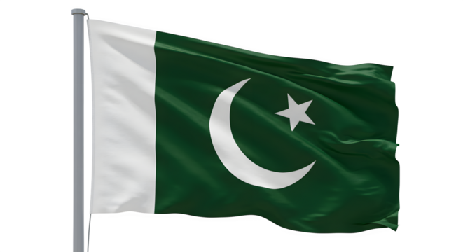 Green, white satin flag of Pakistan waves. Patriotism, national identity, international relations, digital design, presentations, posters.