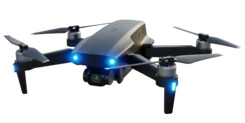 sleek black flying drone with blue lights, capturing aerial views