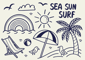 A Comprehensive Collection of Hand-Drawn and Silhouette Beach & Surf Themed Doodles, Icons, and Summer Elements in Black and White