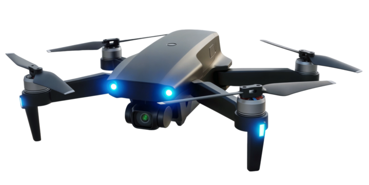 sleek black flying drone with blue lights, capturing aerial views