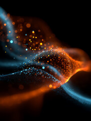 Abstract Orange and Blue Glowing Particles in Flowing Waves