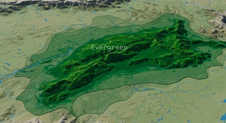 Fototapeta premium Aerial view of a green, mountainous region with a river flowing through it, surrounded by a lighter green area and beige terrain.