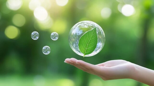 Eco-Harmony in the Palm: A delicate hand cradles a transparent bubble encapsulating a vibrant green leaf. This image evokes a sense of environmental stewardship.