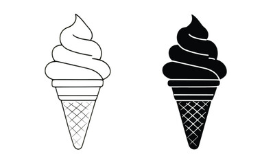 Ice cream cone illustration in black and white showcasing summer treat options and dessert variations for culinary designs and food related projects