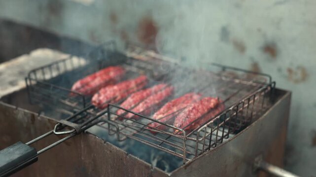 Smoky lula kebabs roasting over crackling wood fire on metal grate.