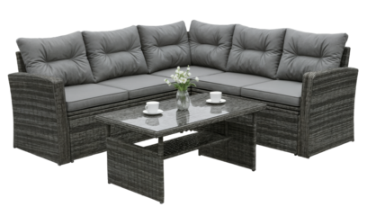 comfortable grey outdoor patio furniture set with cushions and table