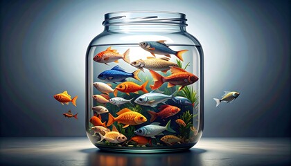 Fish in a jar, creative concept art with vibrant colors and surreal composition