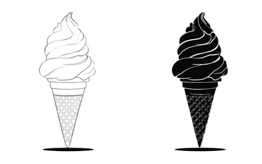 Ice Cream Cone Illustration in Black and White with Soft Serve Swirls for Summer Treats and Dessert Designs