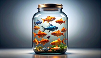 Fish in a jar, whimsical aquatic fantasy, unique pet concept, indoor aquarium
