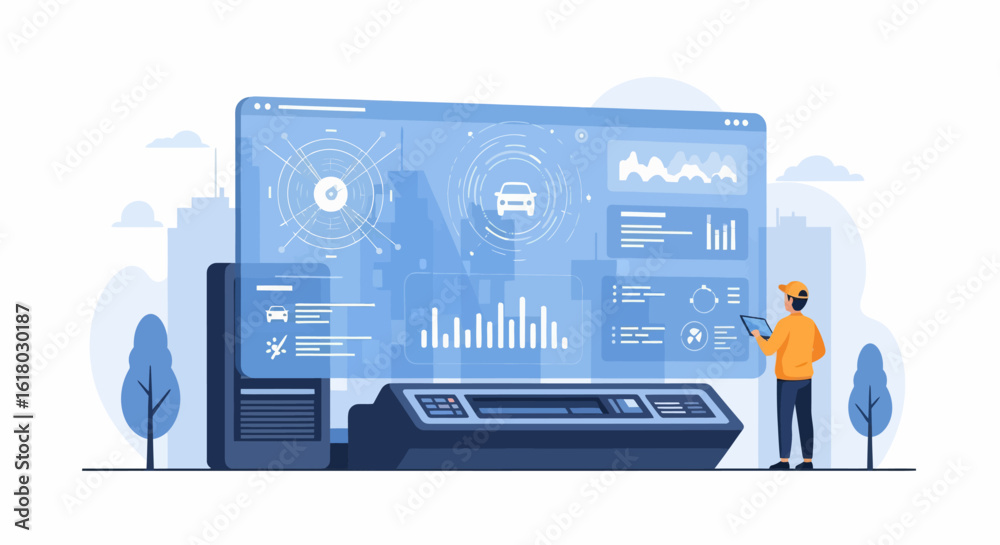 Wall mural man interacting with a futuristic car data interface on a large screen