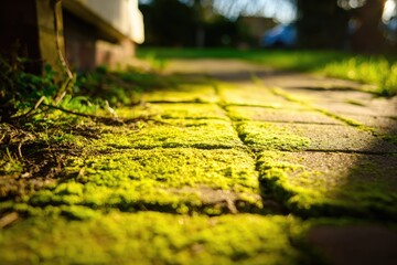 Moss-covered brick path in sunlight